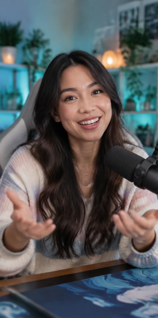 Just Chatting creator smiling at her stream desk