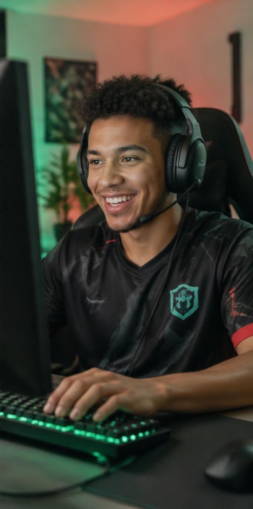 Gaming streamer with headset at his setup